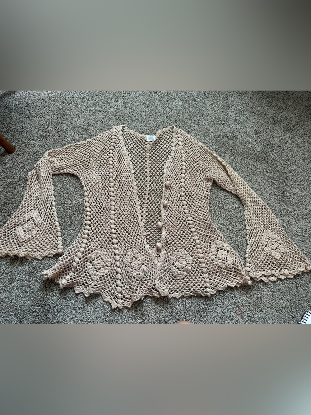 Crochet Openwork Bell-Sleeve Cardigan Sweater in Taupe Vintage